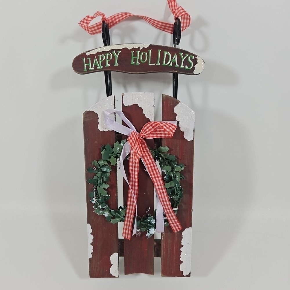 Rustic Wood &‎ Metal Sled Christmas Decor 12" Green Red Weathered Farmhouse